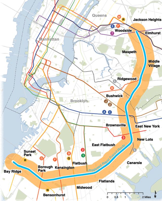 A map shows the route the IBX would take, from south Brooklyn through Queens
